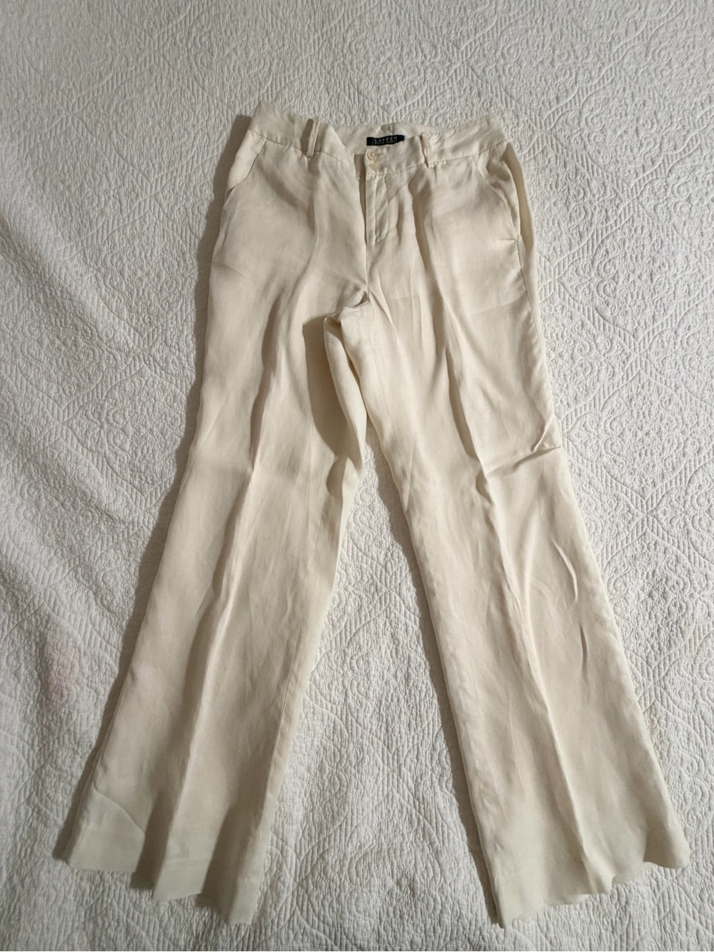 Vintage 90s/Y2K Lauren Ralph Lauren Cream Linen Wide-Leg Trousers